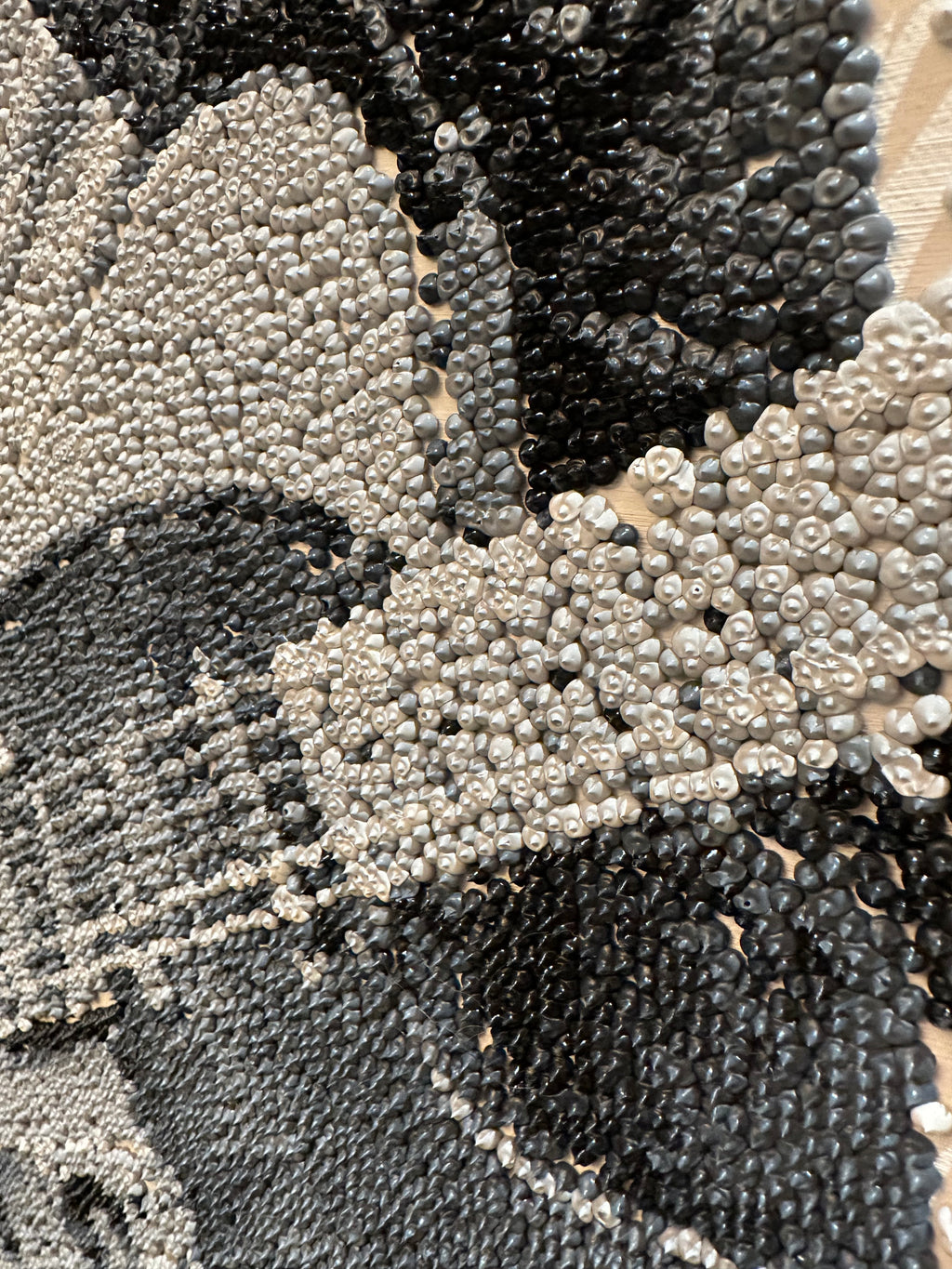 Close-up of a textured surface with black, gray, and white patterns