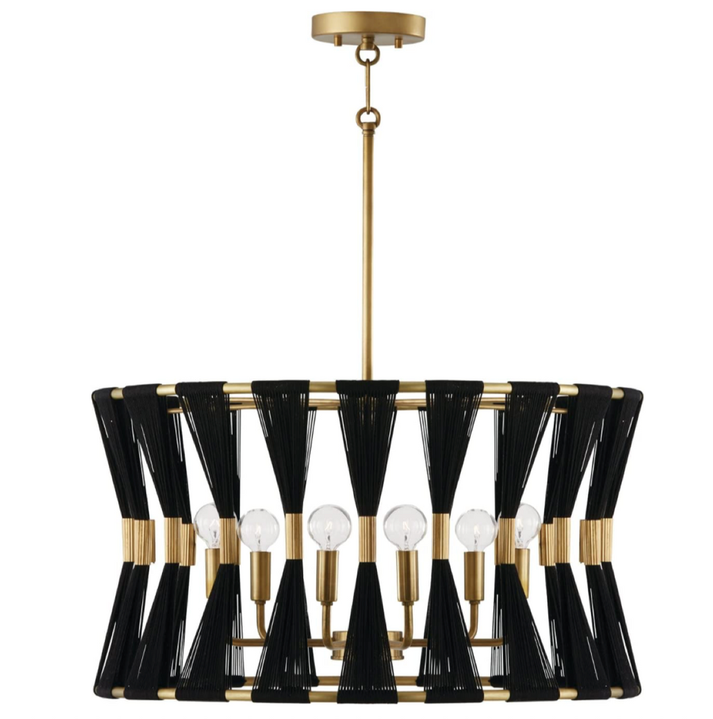 Black and gold chandelier with 'Capital' branding on a white background