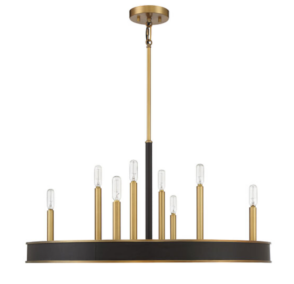 Chandelier with black and gold design on a white background, featuring Savoy House branding.