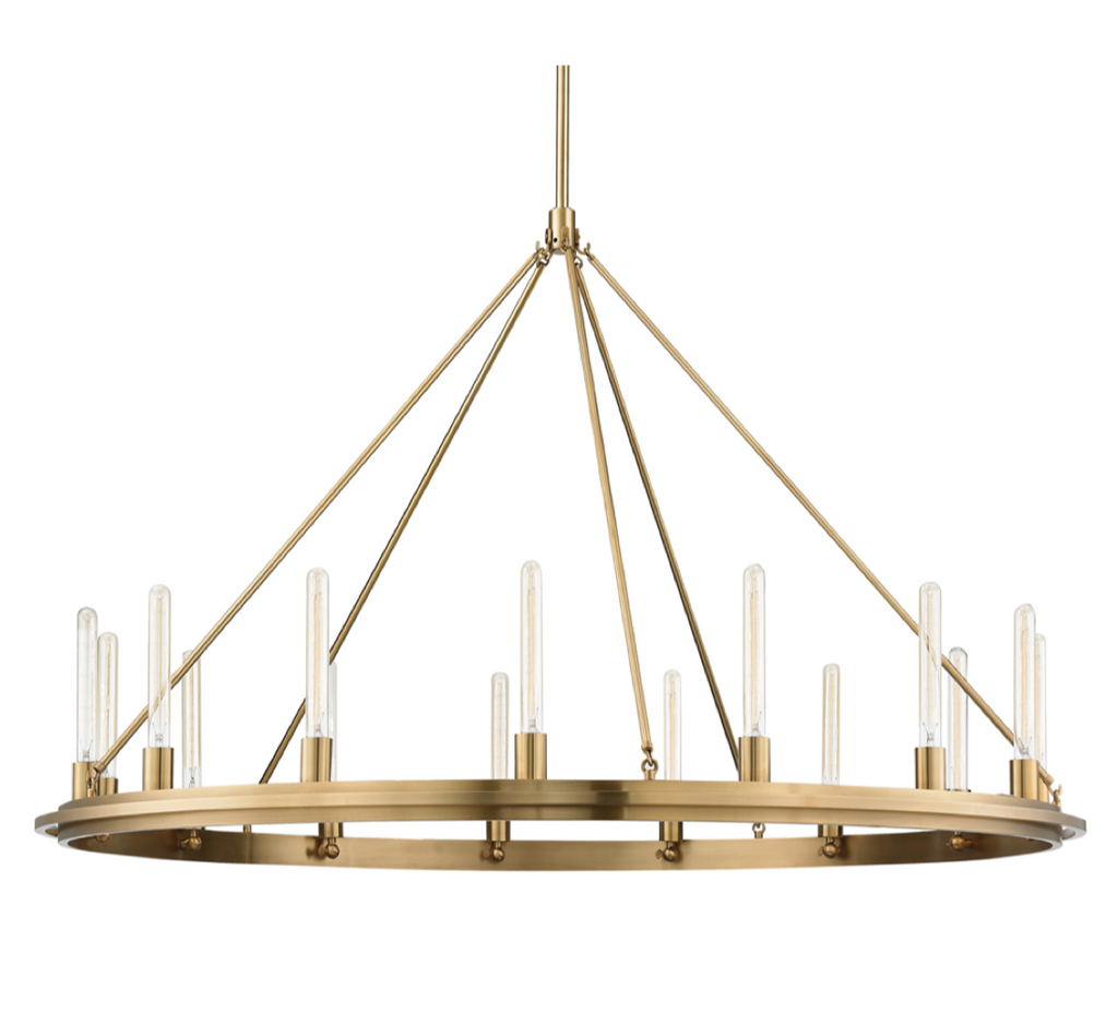 Gold pendant light with Hudson Valley branding on a white background