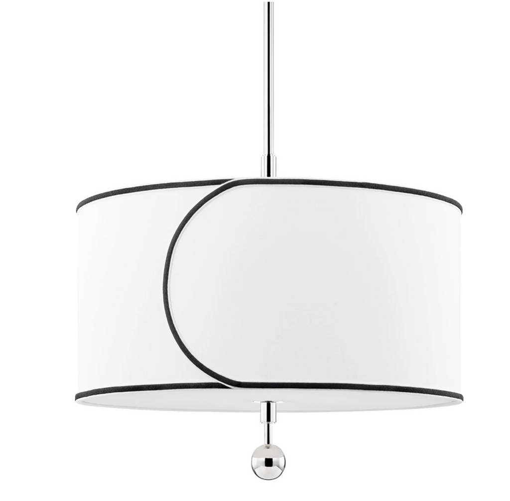 White pendant light with black accents on a white background, featuring the brand 'MITZI'.