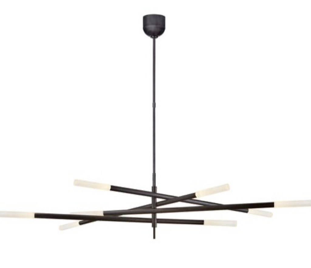 Modern chandelier with black and white design on a white background, featuring 'Visual Comfort' branding.