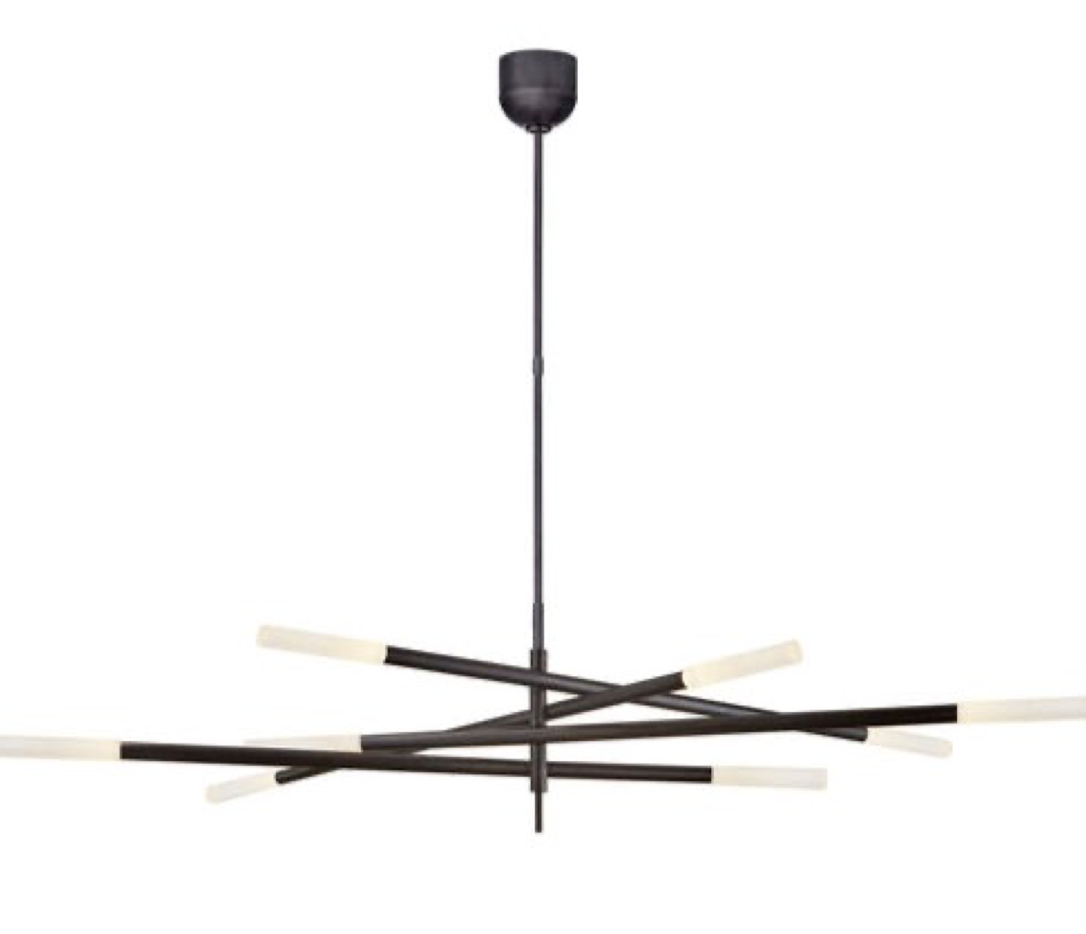 Modern chandelier with black and white design on a white background, featuring 'Visual Comfort' branding.