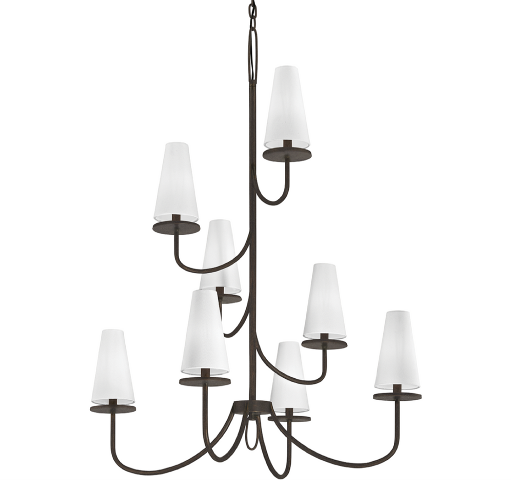 Chandelier with white shades on a white background, branded 'TROY'.