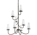 Chandelier with white shades on a white background, branded 'TROY'.