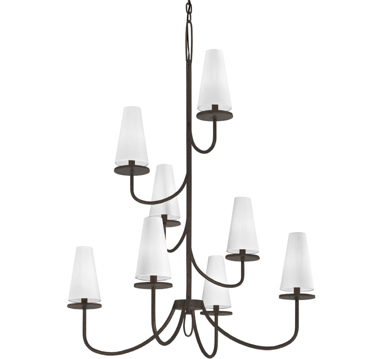 Chandelier with white shades on a white background, branded 'TROY'.