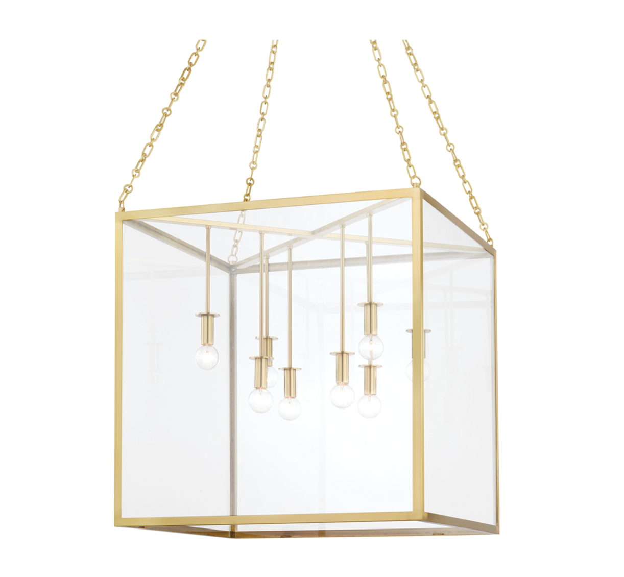 Hudson Valley pendant light with gold frame and clear glass on a white background