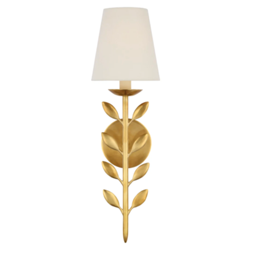 Gold leaf wall sconce with white lampshade on a white background, labeled 'Visual Comfort Avery'.