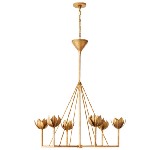 Gold chandelier with 'Visual Comfort' branding on a white background