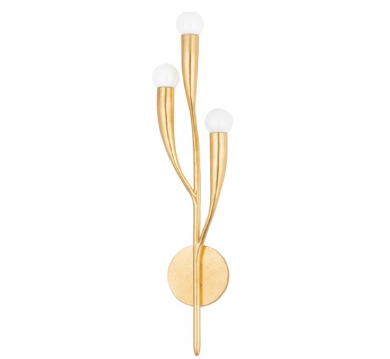 Gold wall sconce with three lights on a white background