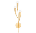 Gold wall sconce with three lights on a white background