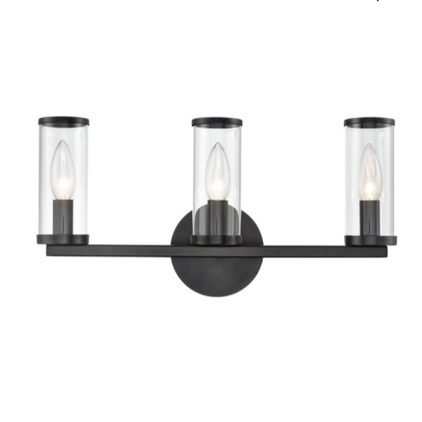 Black wall-mounted light fixture with three cylindrical glass shades on a white background