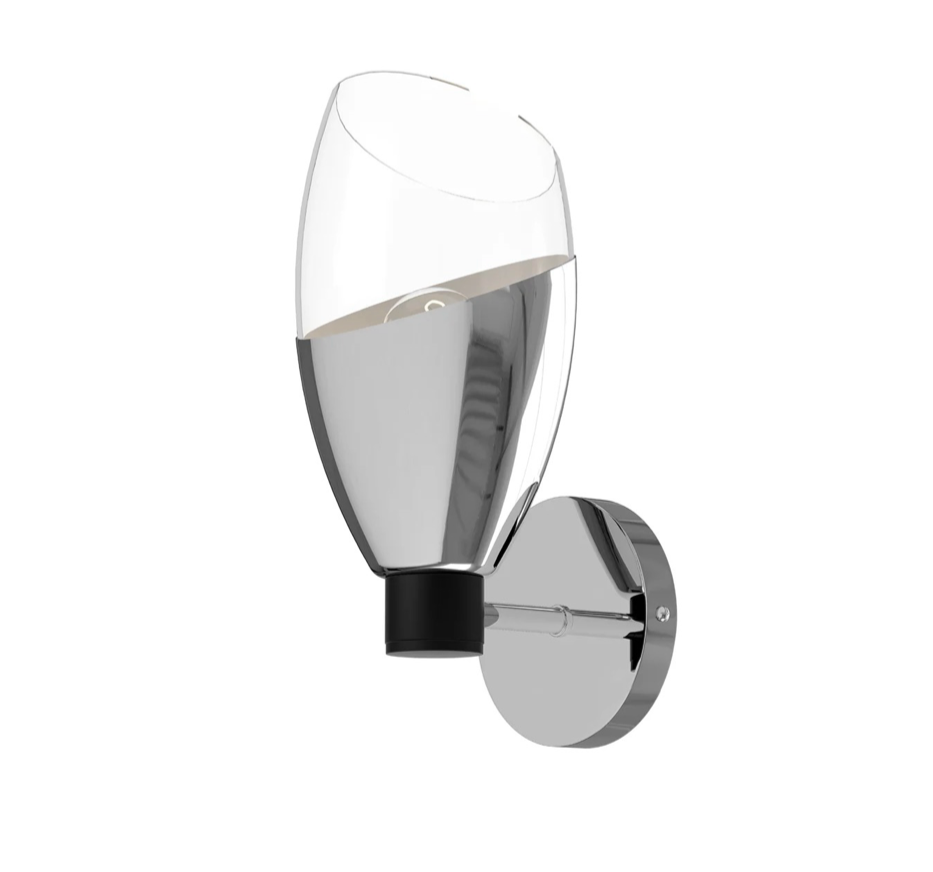 Chrome wall-mounted light fixture with a clear glass shade on a white background
