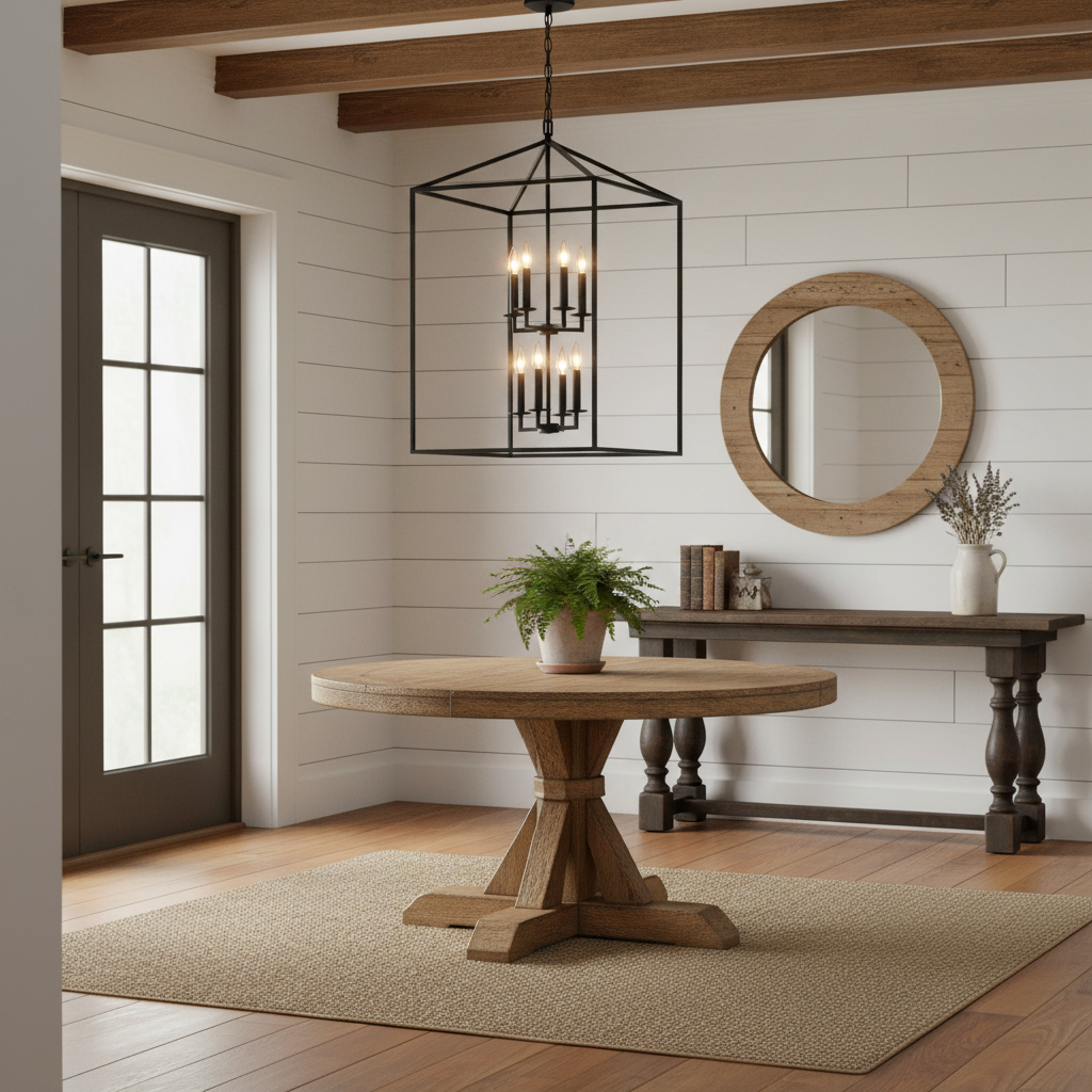 Generation Lighting farmhouse pendant in cozy foyer