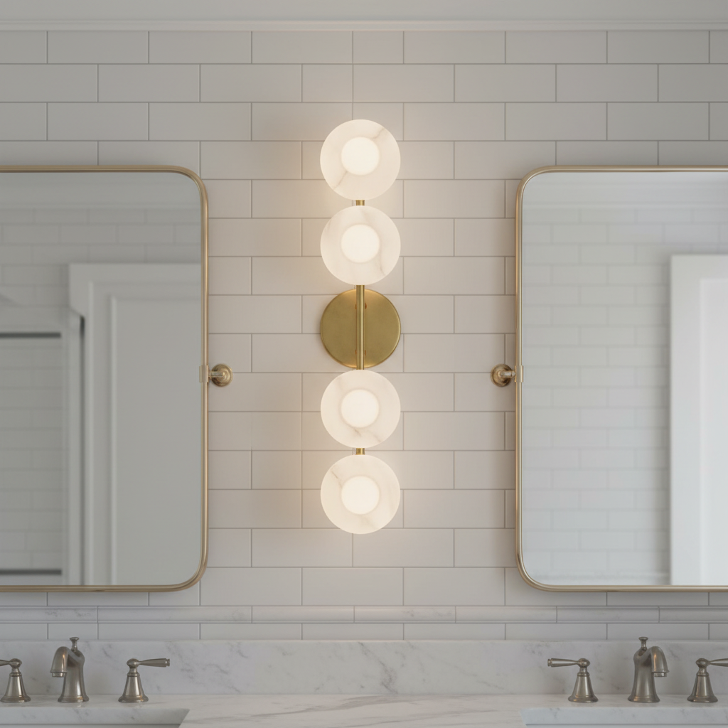 Hudson Valley aged brass bath sconce in elegant bathroom