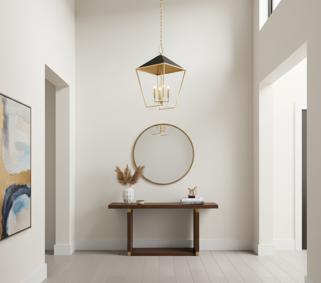 Hudson Valley gold leaf and black pendant in residential entryway
