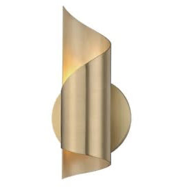 Gold wall sconce with text indicating product details on a white background