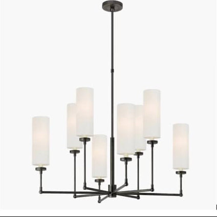 Chandelier with white shades and black metal frame on a white background, branded 'Visual Comfort'.