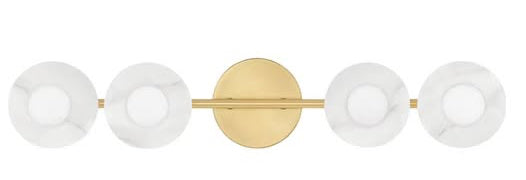 Wall sconces with gold fixture and white glass shades on a white background