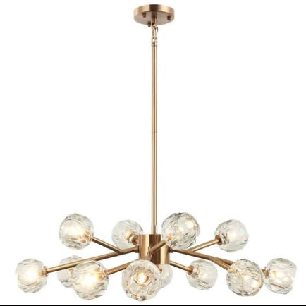Gold chandelier with clear glass shades on a white background, branded 'Matteo Lighting'.
