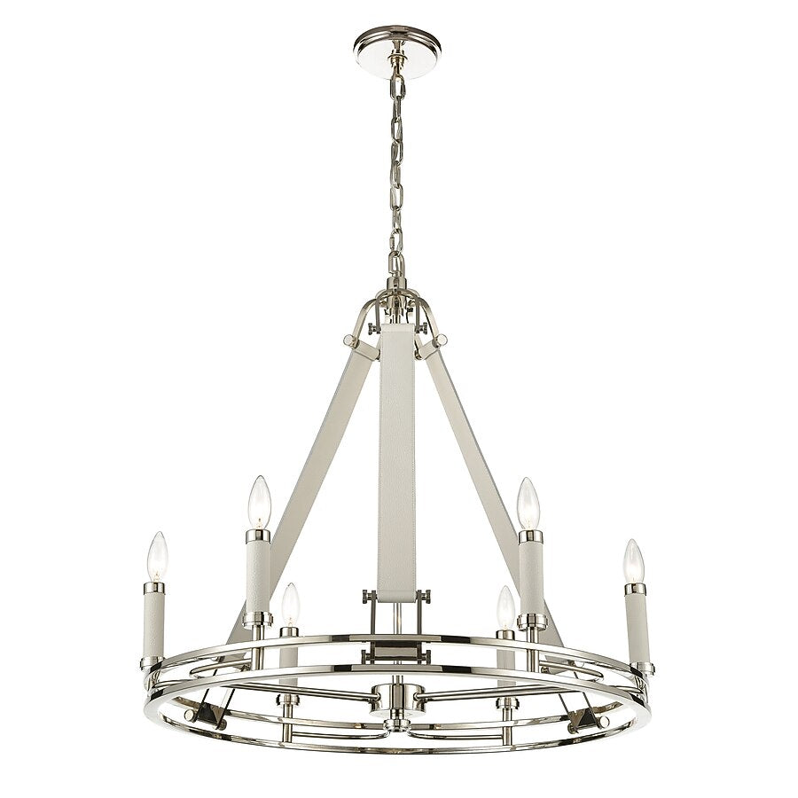 ELK LIGHTING BERGAMO 16352/6 six light pendant. polished nickel and white leather