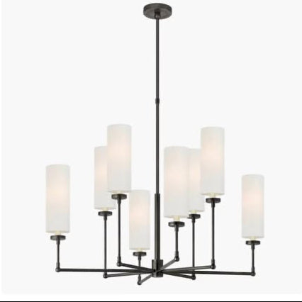 Chandelier with white shades and black metal frame on a white background, branded 'Visual Comfort'.