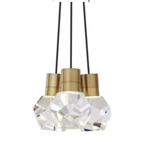 Chandelier pendant with gold accents and crystal design on a white background, labeled with product details.