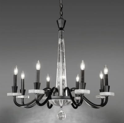 Schonbek chandelier with clear crystal and black metal design on a gray background