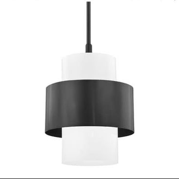 Hudson Valley pendant light with black and white design on a white background