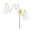Plug-in sconces with gold fixtures and white lampshades on a white background.
