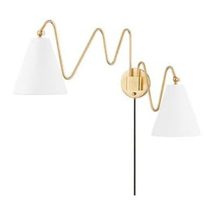 Plug-in sconces with gold fixtures and white lampshades on a white background.