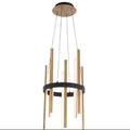 Modern chandelier with wooden accents on a white background