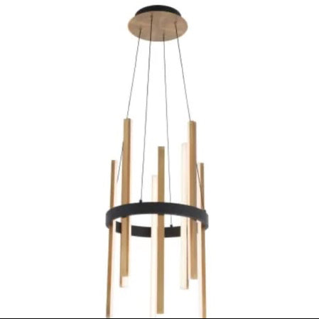 Modern chandelier with wooden accents on a white background