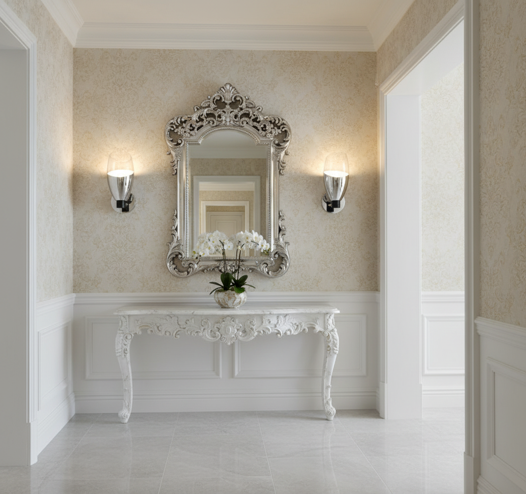 Decorative mirror and console table in a stylish hallway with wall sconces.