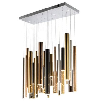Modern chandelier with metallic rods on a white background, featuring the brand 'ET2'.