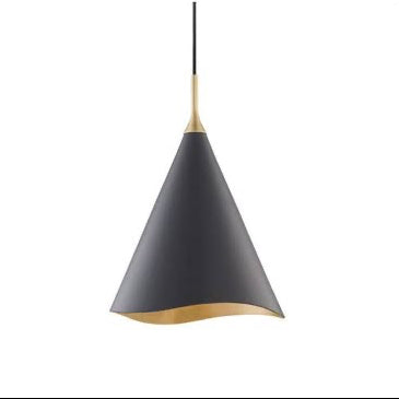 Black pendant light with gold accent on a white background