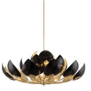 Hudson Valley Gold Leaf/Black chandelier on a white background with text.