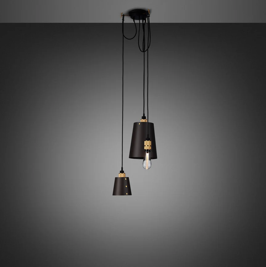 Buster + Punch Hooked 3 Light 8" Wide Bespoke Modern Industrial Mixed Size Multi Light NHK-18490 Pendant with 2 Metal Riveted Shades, (1) Nude Pendant, and Diamond Knurl Accent