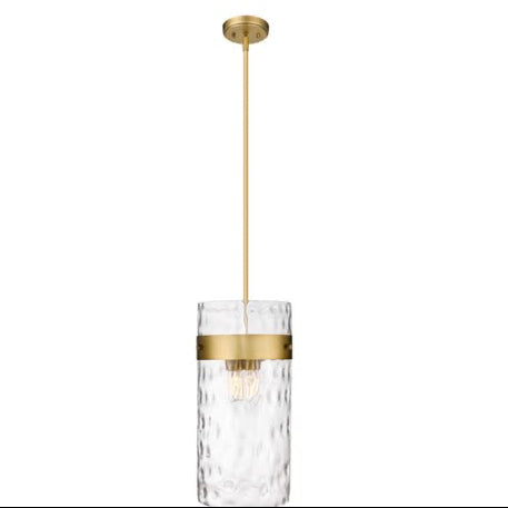 Pendant light with clear glass shade and gold accents on a white background, featuring Z-Lite branding.