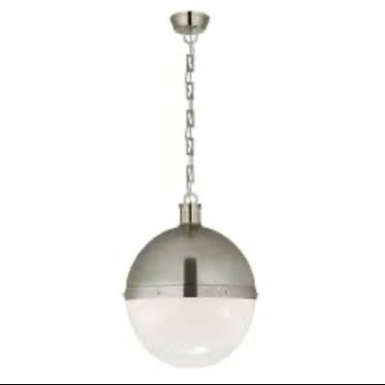 Pendant light with metallic finish and white glass shade on a white background, branded 'Thomas O'Brien'.