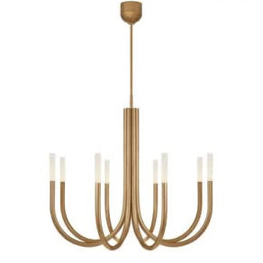 Gold chandelier with 'Visual Comfort' branding on a white background