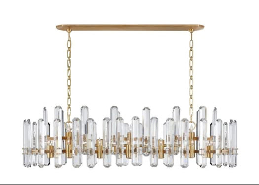 Chandelier with gold and clear glass design on a white background, featuring 'Visual Comfort' branding.