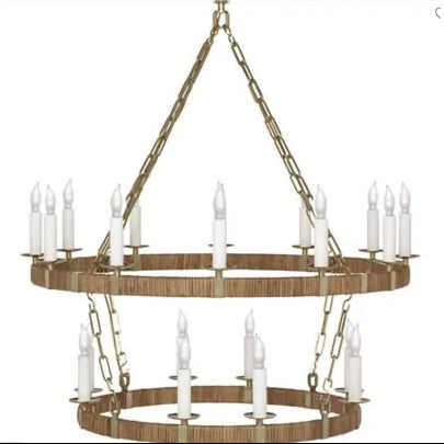 Chandelier with wooden design and multiple candle-like lights on a white background, branded 'Visual Comfort'.