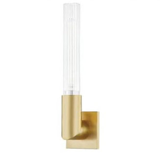 Gold wall sconce with clear glass on a white background