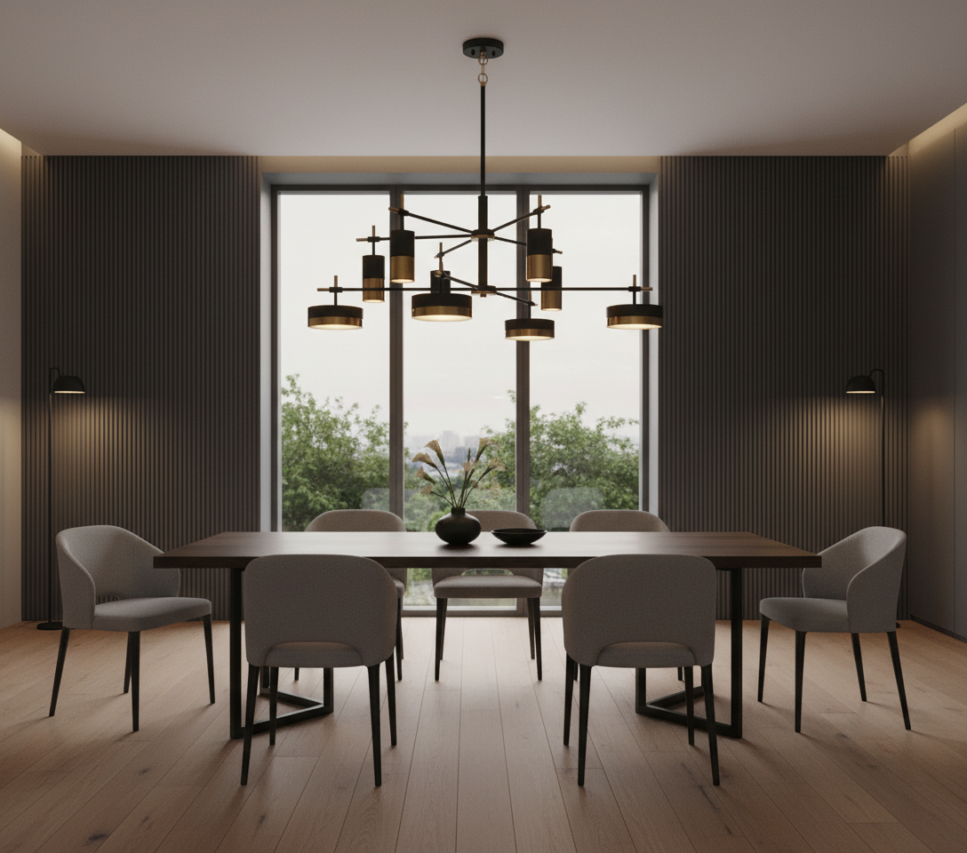 Savoy House black and brass chandelier in contemporary space