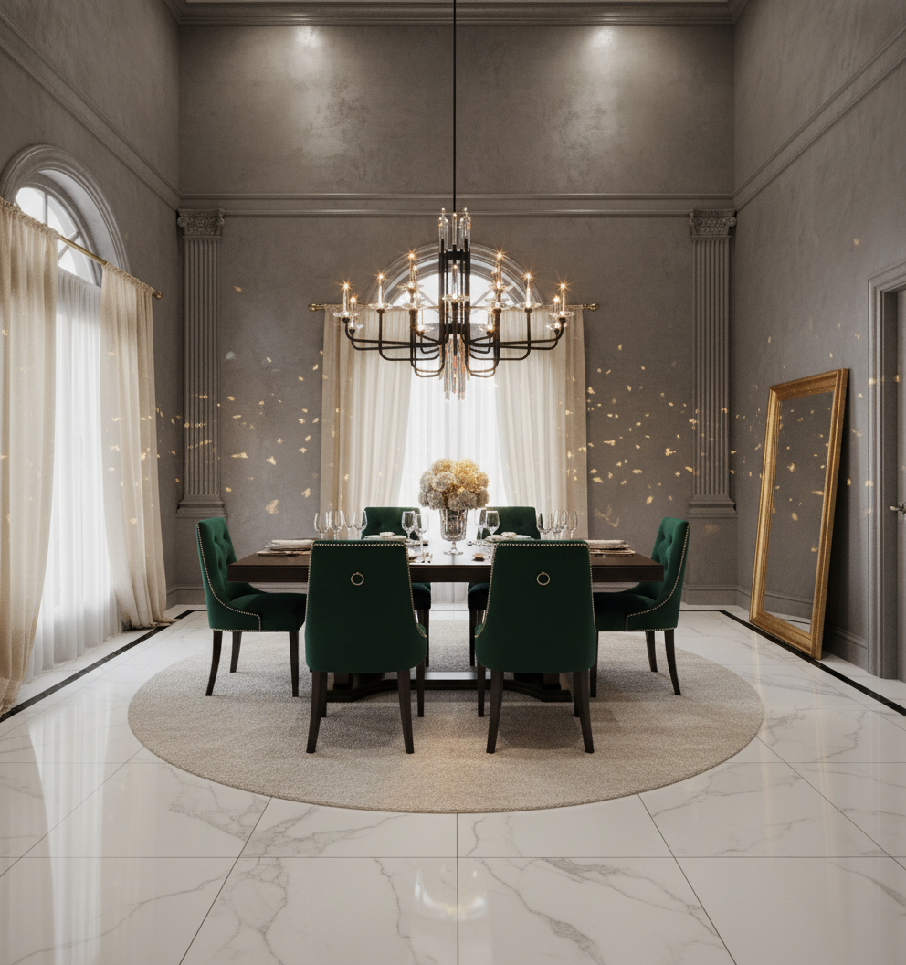 Schonbek crystal chandelier in luxurious dining room