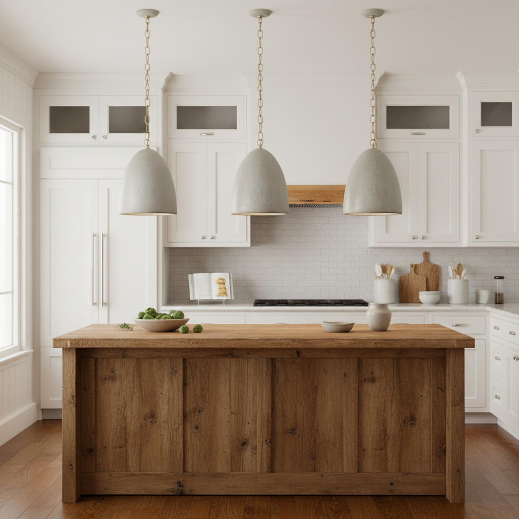 Three Visual Comfort Elliot SK5351PGY pendants over farmhouse kitchen island