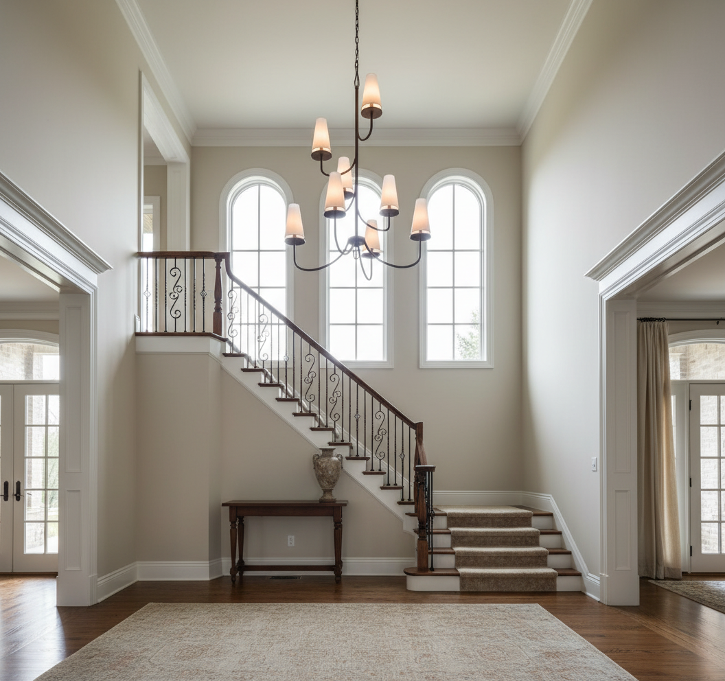 Troy dramatic pendant positioned 2 feet higher in grand space