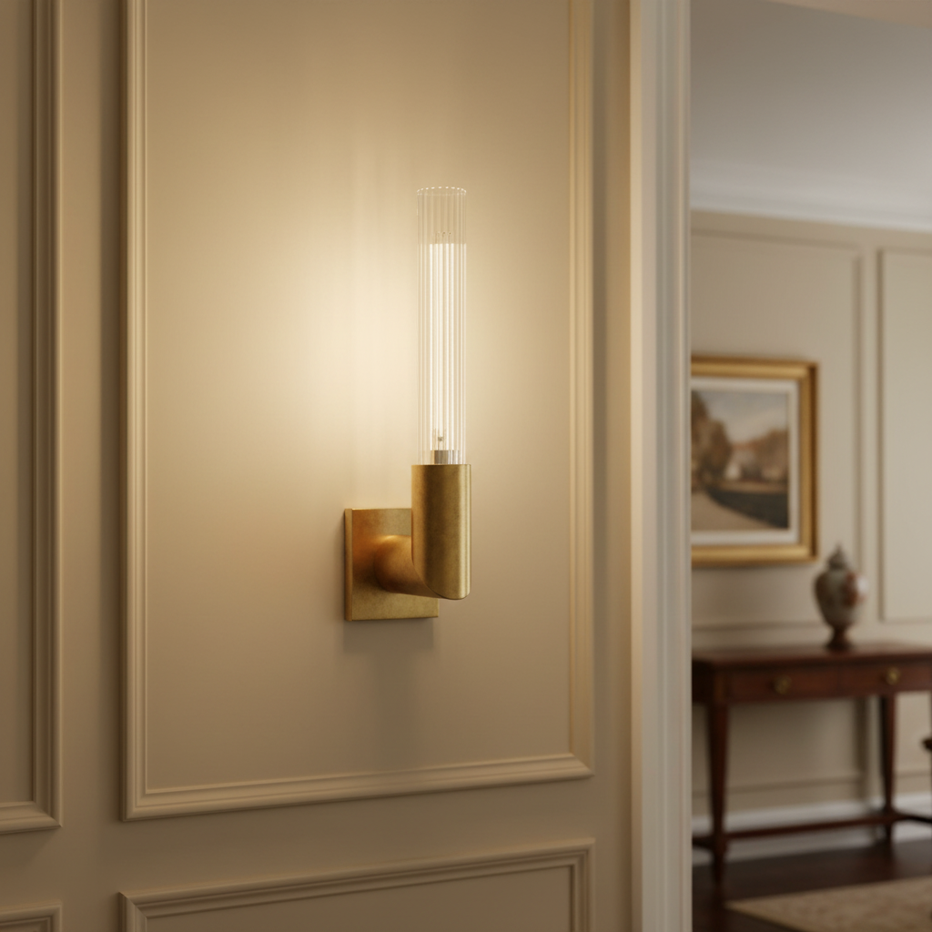 Visual Comfort aged brass wall sconce mounted in elegant interior