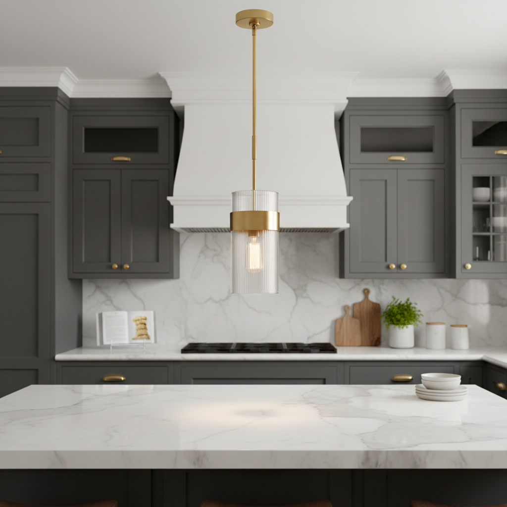 Visual Comfort glass and gold pendant in refined interior